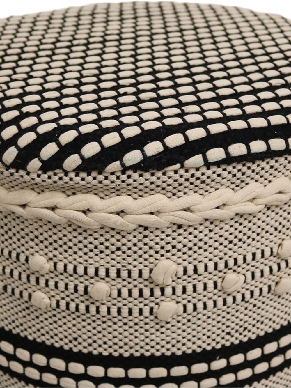 Handcrafted woven boho black and cream Pom Pom wood legs stool seat table NWT - Picture 13 of 14